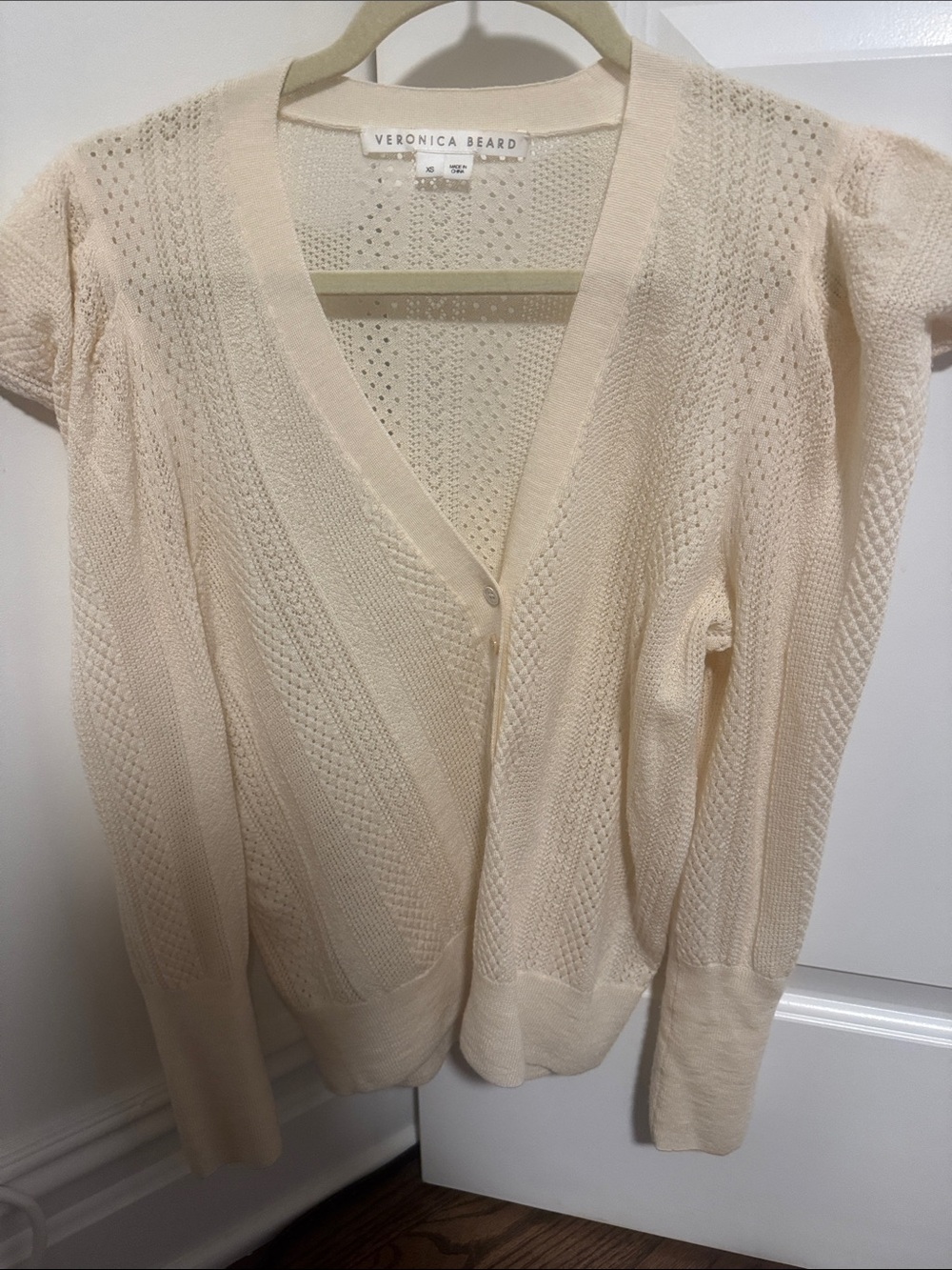 Veronica Beard Cream Openwork V-Neck Cardigan